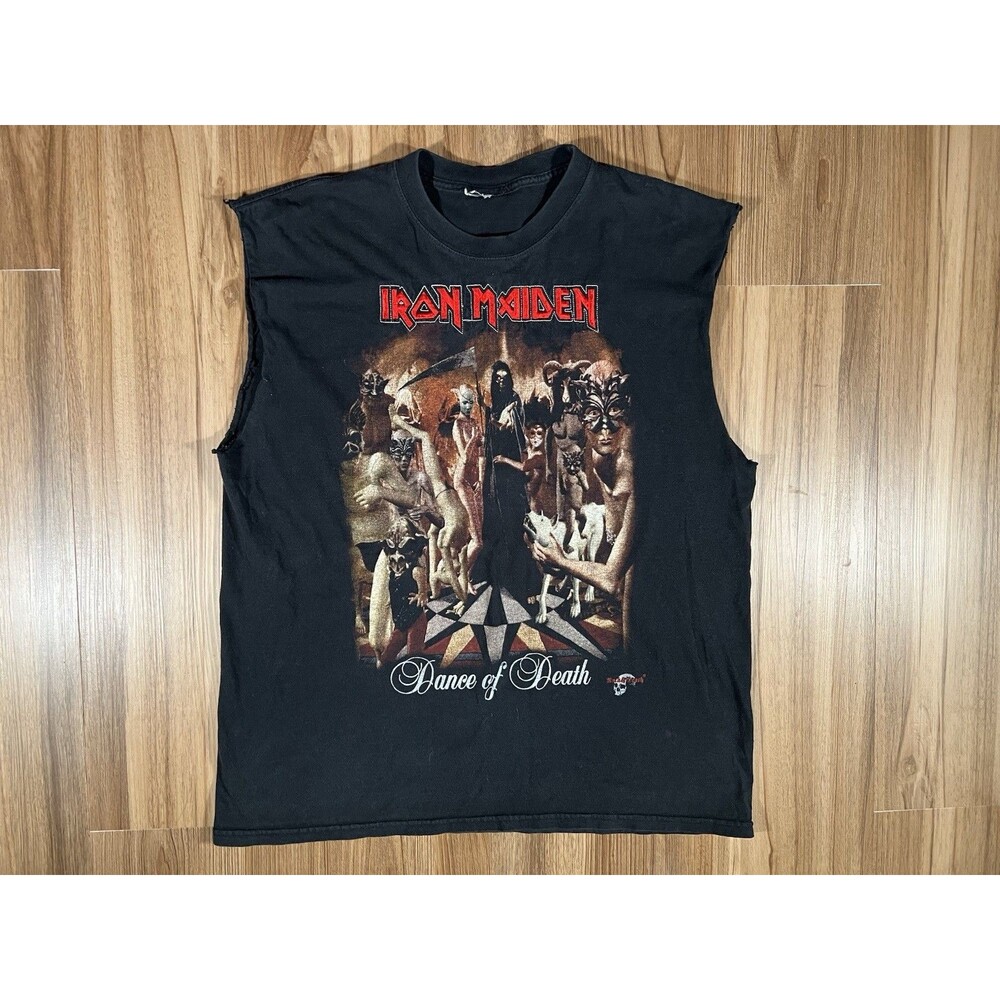 IRON MAIDEN Dance of Death Rare Embroided Tour Cut Off T-Shirt Vintage L Black